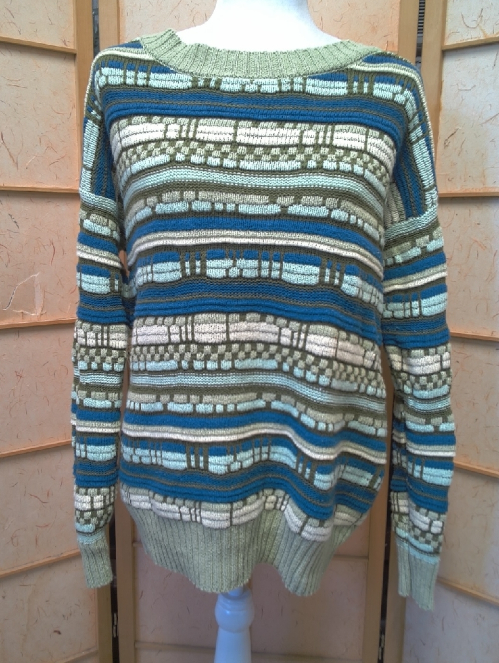 Wild Fable Striped Knit Pullover Sweater in Blue, Green & Cream Size M